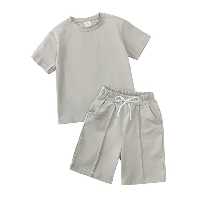 Children Kids Baby Fashion Girls Boys Basic Casual Short Sleeve Solid Color Cotton T-Shirt And Shorts 2pcs Set