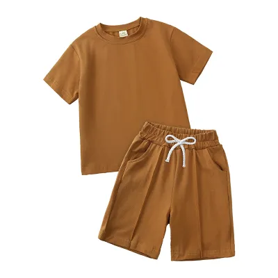Children Kids Baby Fashion Girls Boys Basic Casual Short Sleeve Solid Color Cotton T-Shirt And Shorts 2pcs Set