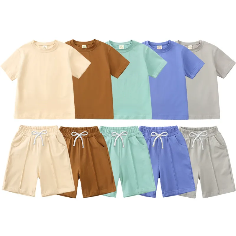 Children Kids Baby Fashion Girls Boys Basic Casual Short Sleeve Solid Color Cotton T-Shirt And Shorts 2pcs Set
