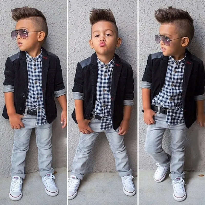 Kids Baby Boys Fashion Long Sleeve Lapel Jacket Plaid Print Shirt And Denim Pants 3 Piece Set
