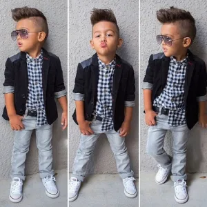 Kids Baby Boys Fashion Long Sleeve Lapel Jacket Plaid Print Shirt And Denim Pants 3 Piece Set