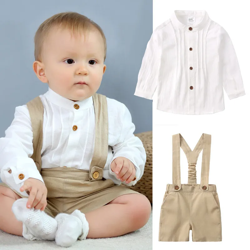 Newborn Baby Boy White Long Sleeve Shirt and Strap Romper 2pcs Set Cotton Solid Color