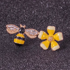 Women Fashion Rhinestones Bee Painting Oil Flower Asymmetrical Stud Earrings
