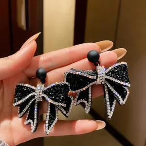 Women Fashion Cute Rhinestones Black Bow Dangle Earrings
