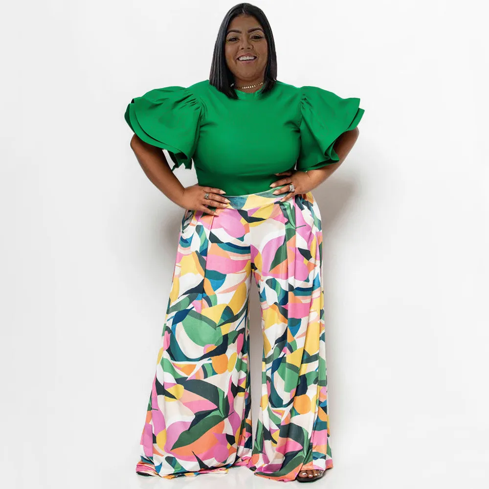 Women Plus Size Street Hipster Petal Sleeve Top And Floral Printed Pants 2PCS Set