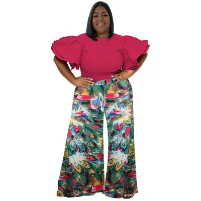Women Plus Size Street Hipster Petal Sleeve Top And Floral Printed Pants 2PCS Set