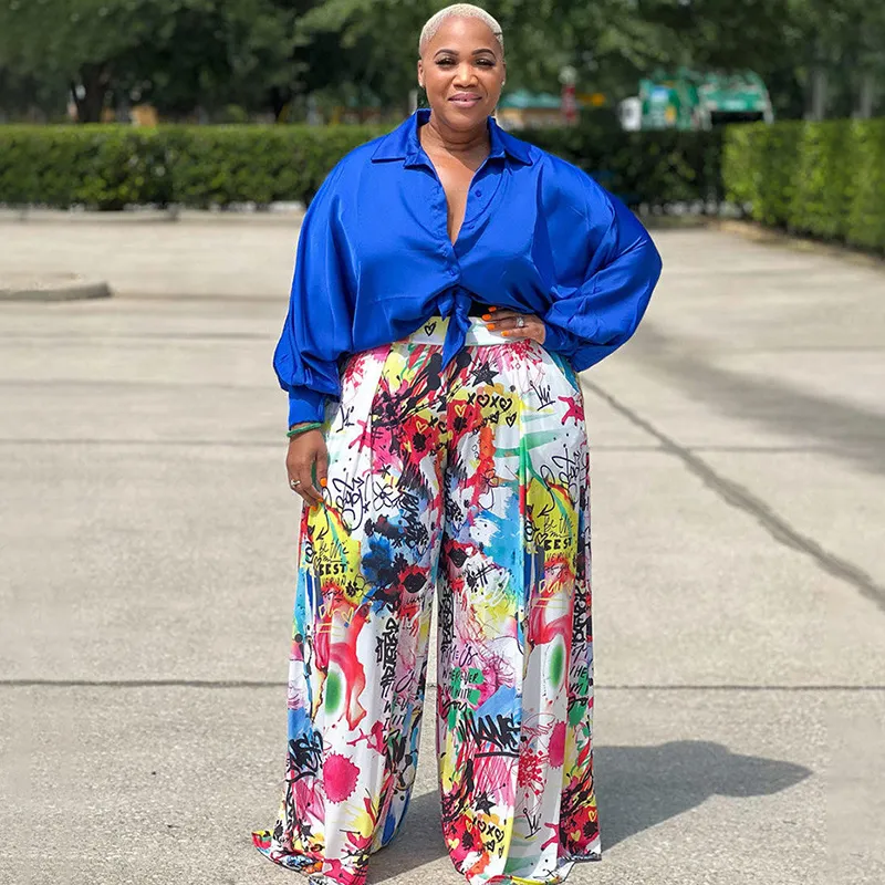 Women Plus Size Printed Long-Sleeve Blouse And Straight Pants Set, Street Hipster Style