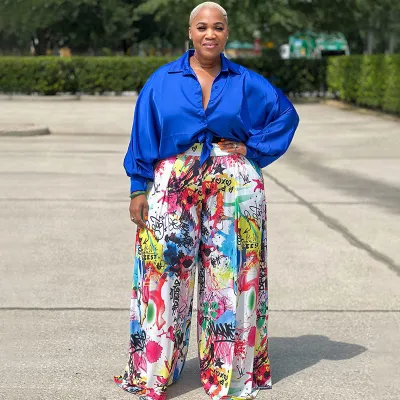 Women Plus Size Printed Long-Sleeve Blouse And Straight Pants Set, Street Hipster Style