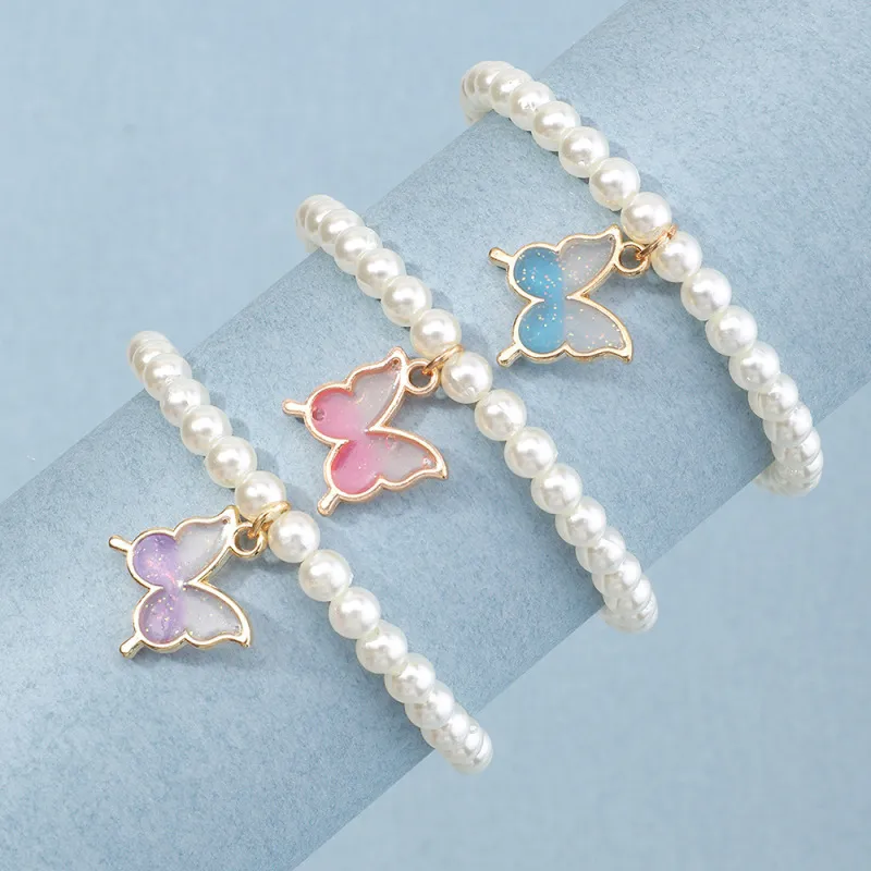 Children Kids Baby Fashion Girls Pearl Butterfly Bracelet Set Plastic Resin Cartoon