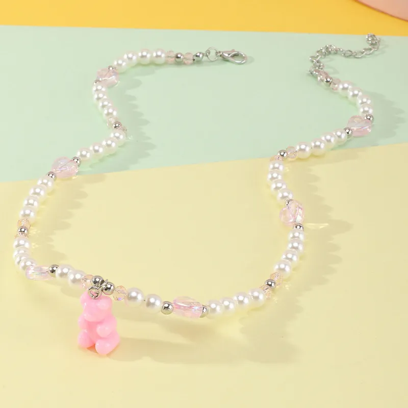 Kids Girls Cute Bear Pendant Pearl Necklace Plastic Resin Child Chain