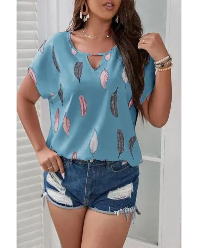 Plus Size Women's Casual V-Neck Feather Print Short-Sleeved Blouse for Summer Vacation
