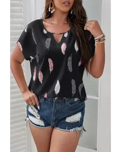 Plus Size Women's Casual V-Neck Feather Print Short-Sleeved Blouse for Summer Vacation