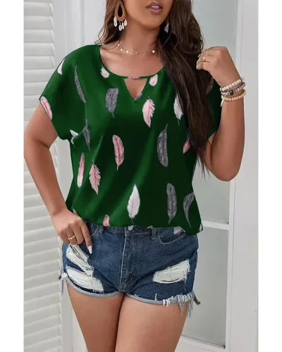 Plus Size Women's Casual V-Neck Feather Print Short-Sleeved Blouse for Summer Vacation