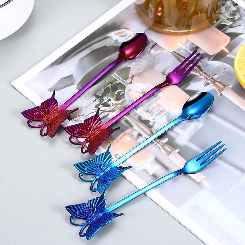 Creative Household Butterfly 304 Stainless Steel Fruit Spoon Fork Hanging Cup Tableware