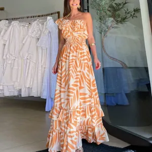 Women's Casual Leaf Print Boat Neck Elastic Waist Long Dress