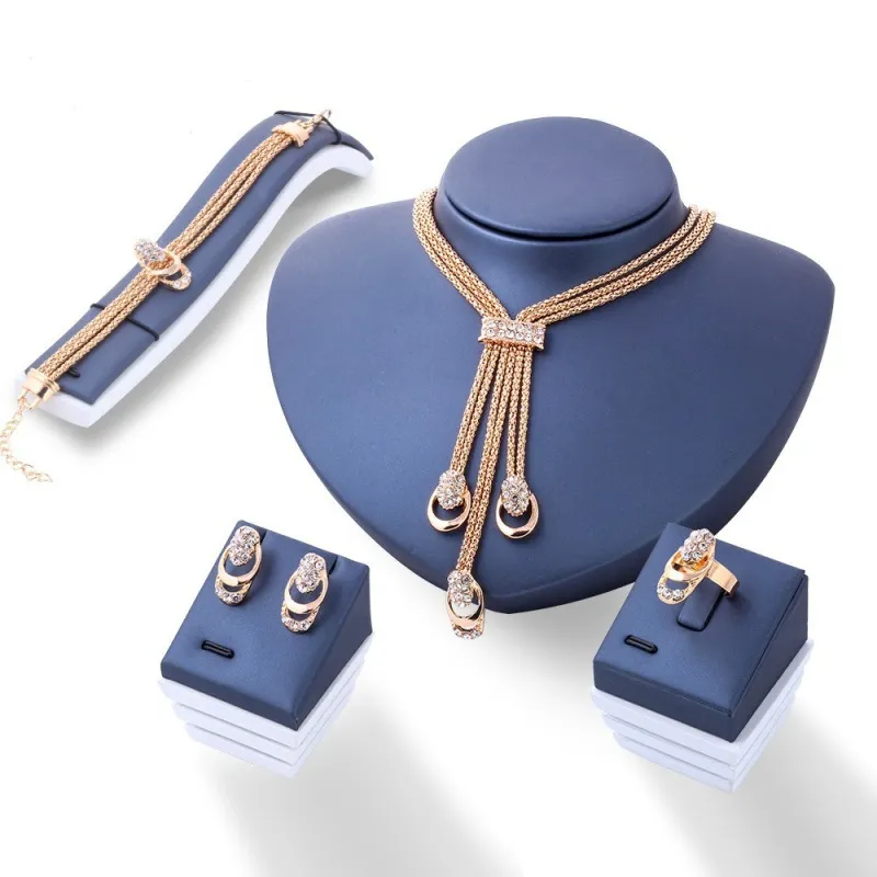 Women Fashion Rhinestone Hollow Earrings Tassel Necklace Bracelet Ring Jewelry Set