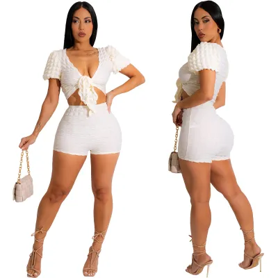 Women's Summer Casual Bubble Fabric Solid Color Knotted Short Sleeve Blouse Shorts Two-Piece Set