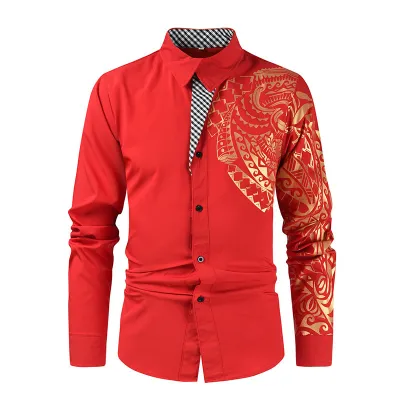 Men's Casual Lapel Long Sleeve Printed Shirt Slim Fit