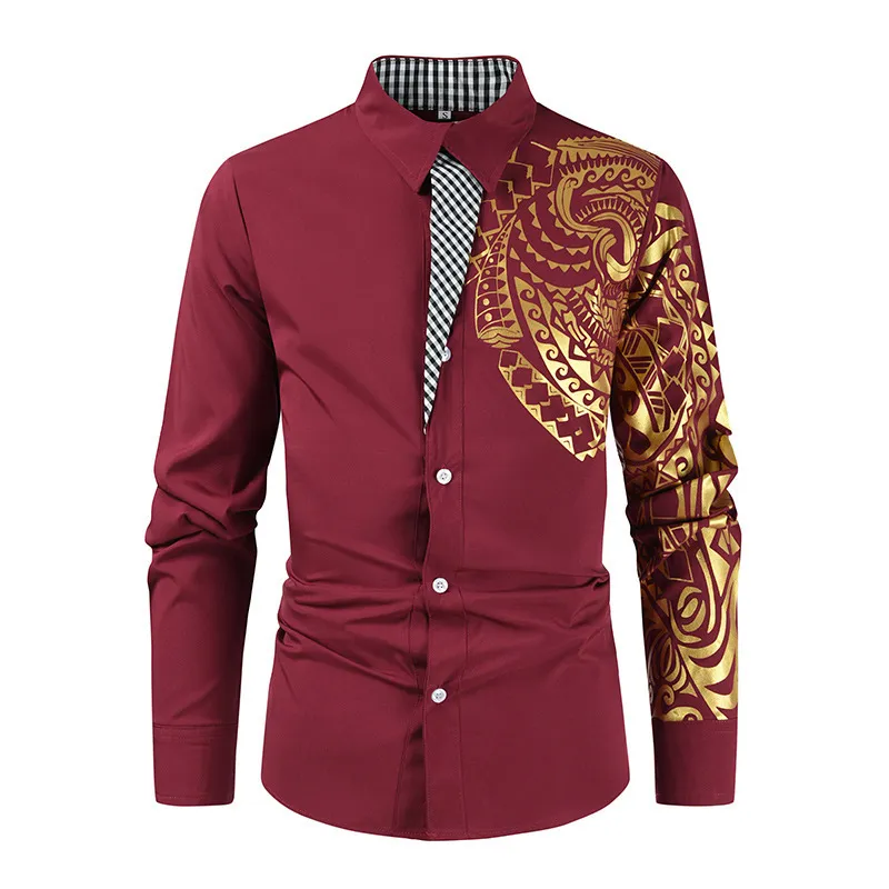 Men's Casual Lapel Long Sleeve Printed Shirt Slim Fit