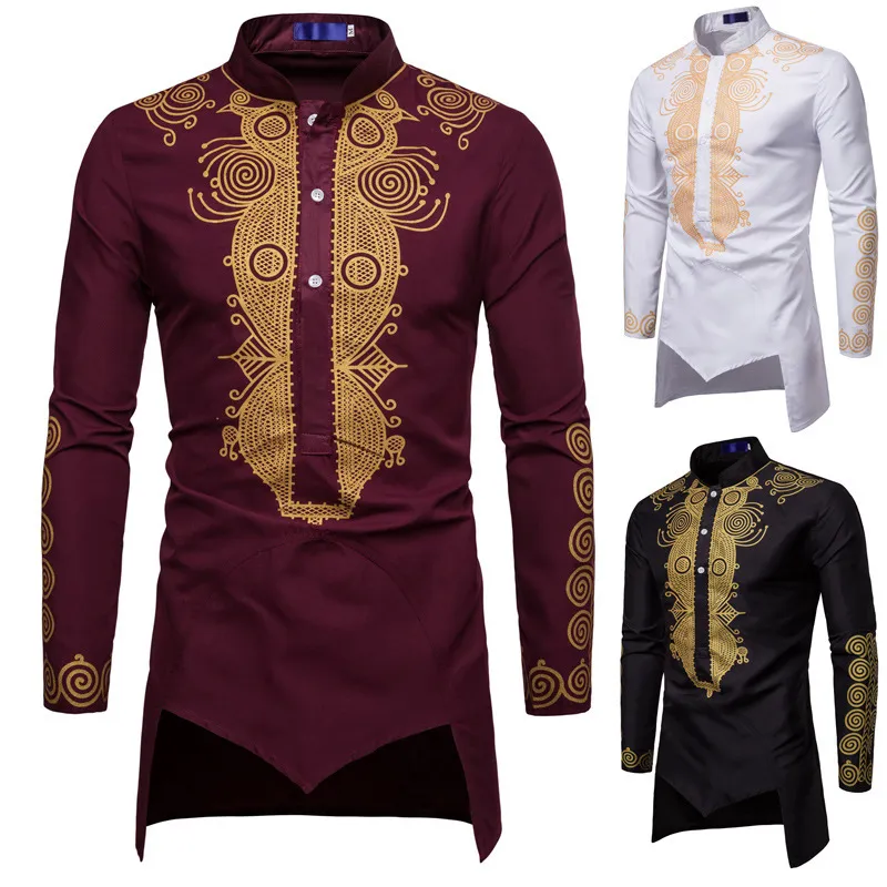 Men's Fashion Stand Collar Mid-Length Print Shirt, Slim Fit Long Sleeve Pullover, Casual Cotton Blend Solid