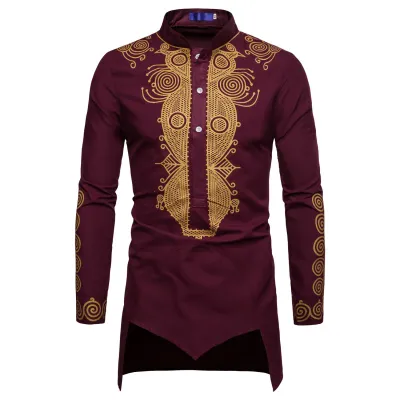 Men's Fashion Stand Collar Mid-Length Print Shirt, Slim Fit Long Sleeve Pullover, Casual Cotton Blend Solid
