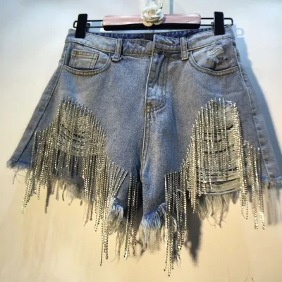 Women's Ripped High Waist Rhinestone Tassel Chain Slim Fit Straight Denim Shorts