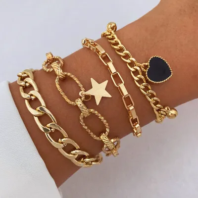 Women Fashion Black Heart Star Chains Multilayer Vintage Alloy Bracelet Set
