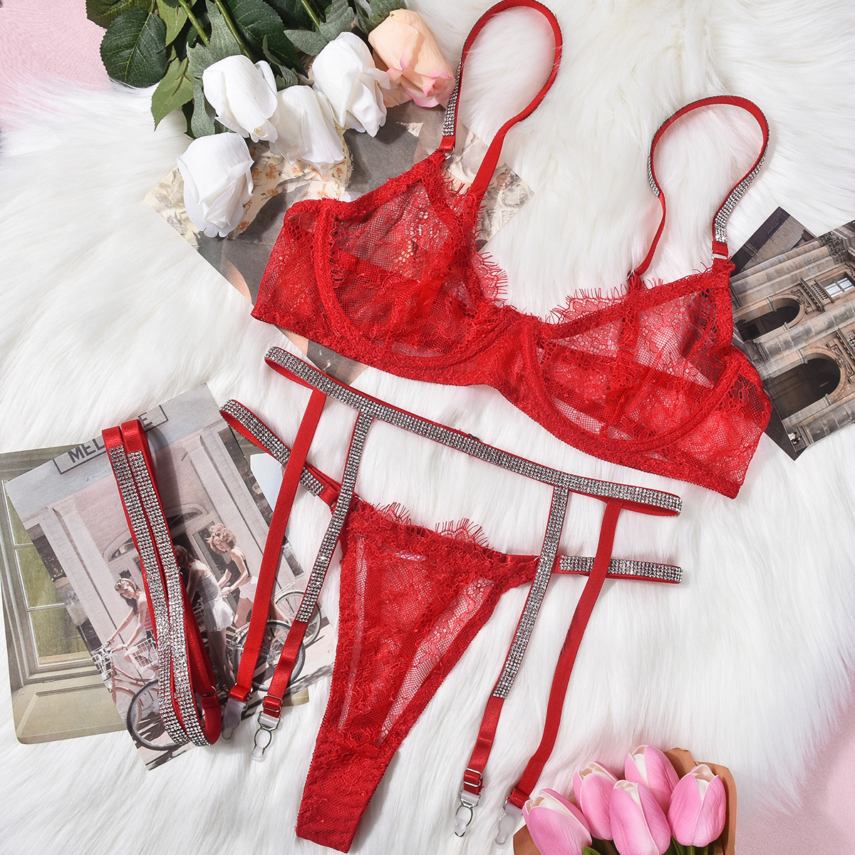 BALL PAGES Women Sexy Lace Lingerie Set Flower Embroidery
