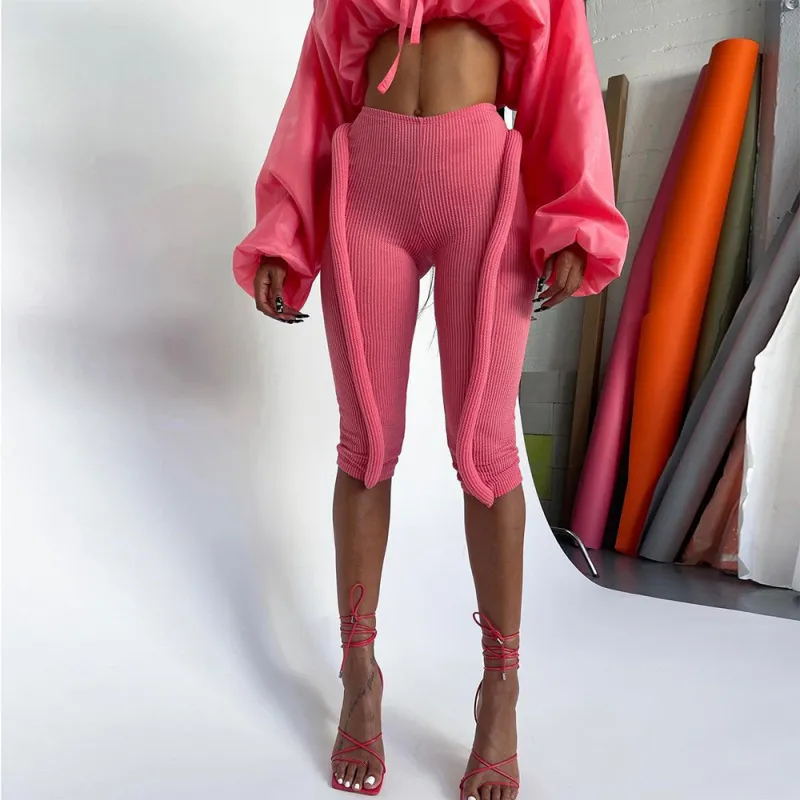 Women'S Fashion Personality Solid Color Rib-Knit Three-Dimensional Decoration Cropped Pants