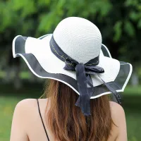 Women Fashion Casual Letter Embroidered Ribbon Big Brim Sunscreen Sunshade Straw Sun Hat
