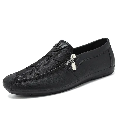 Men's Casual Retro Zipper Soft Sole Loafers PU Leather Slip On Round Toe Low Top Flat Heel Beanie Shoes
