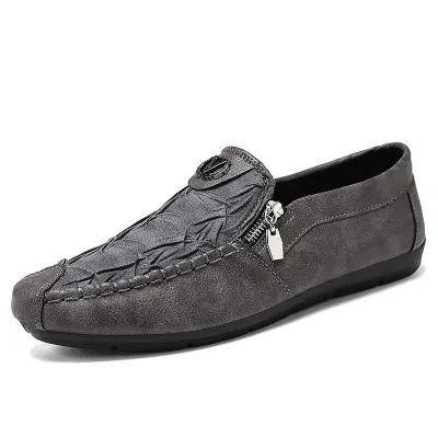 Men's Casual Retro Zipper Soft Sole Loafers PU Leather Slip On Round Toe Low Top Flat Heel Beanie Shoes