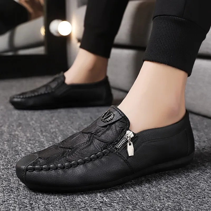 Men's Casual Retro Zipper Soft Sole Loafers PU Leather Slip On Round Toe Low Top Flat Heel Beanie Shoes