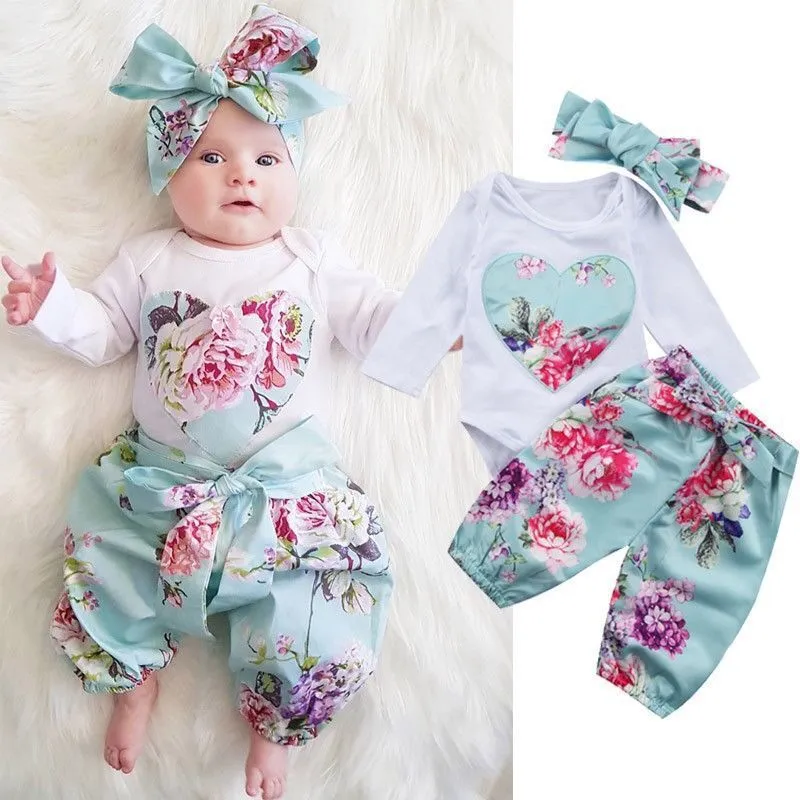 Toddlers Newborn Baby Girls Casual Long Sleeve Floral Print Cotton Top And Pants 2pcs Set