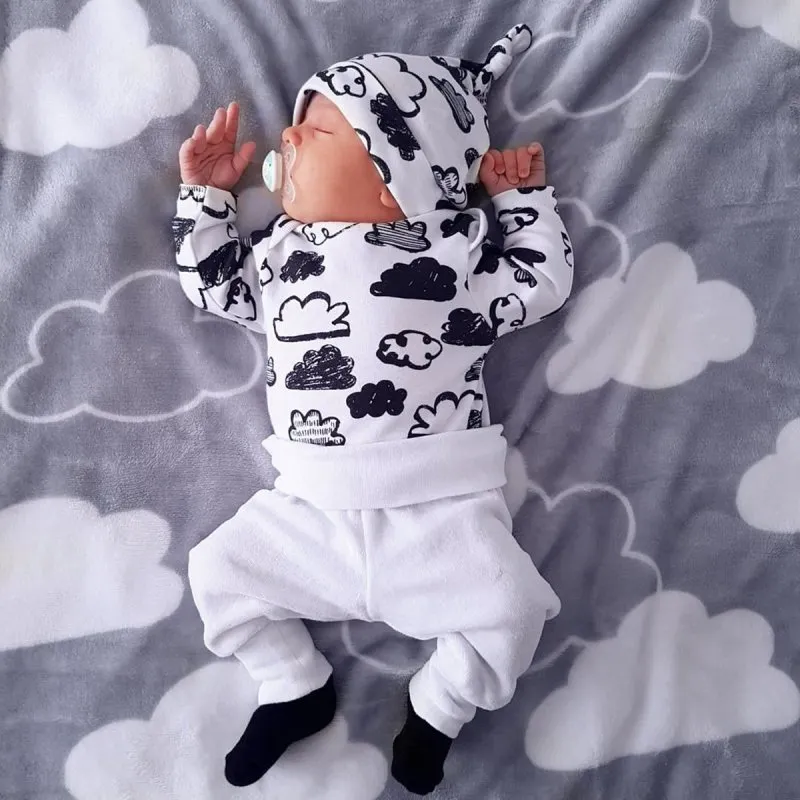 Toddlers Newborn Baby Boys Casual Long Sleeve Cloud Print Top and Pants Set 3 Piece