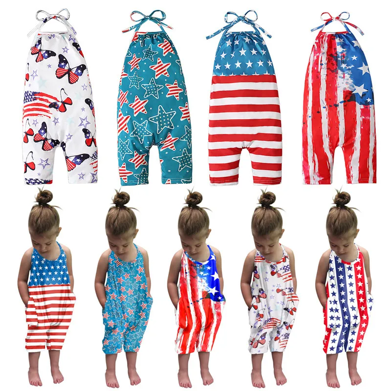 Toddlers Newborn Baby Girls Casual Basics Sleeveless Independence Day Star Flag Print Jumpsuit