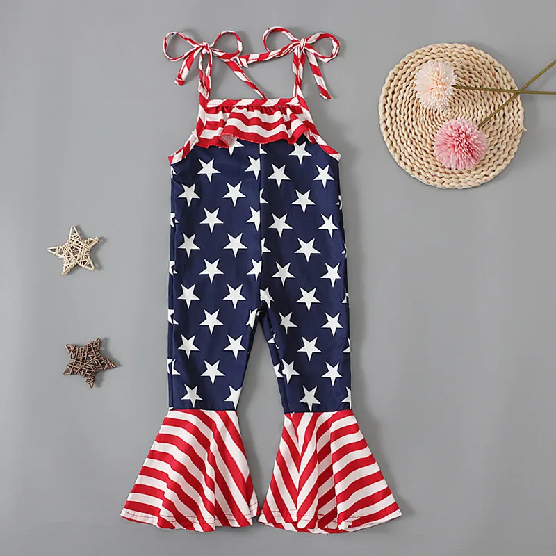 Toddlers Newborn Baby Girls Casual Sleeveless Independence Day Star Flag Print Jumpsuit Cotton