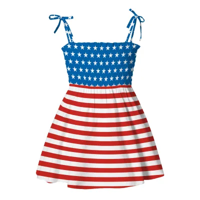 Children Kids Baby Fashion Girls Casual Basics Sleeveless Stripe Independence Day Stars Print Sling Dress
