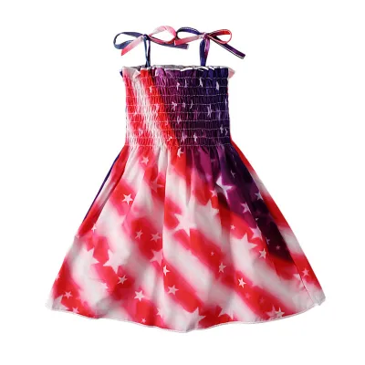 Children Kids Baby Fashion Girls Casual Basics Sleeveless Stripe Independence Day Stars Print Sling Dress