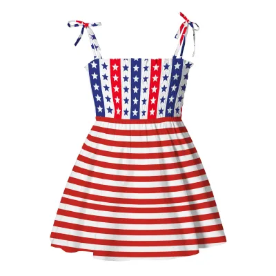 Children Kids Baby Fashion Girls Casual Basics Sleeveless Stripe Independence Day Stars Print Sling Dress
