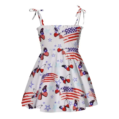 Children Kids Baby Fashion Girls Casual Basics Sleeveless Stripe Independence Day Stars Print Sling Dress