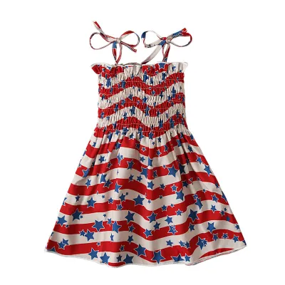 Children Kids Baby Fashion Girls Casual Basics Sleeveless Stripe Independence Day Stars Print Sling Dress