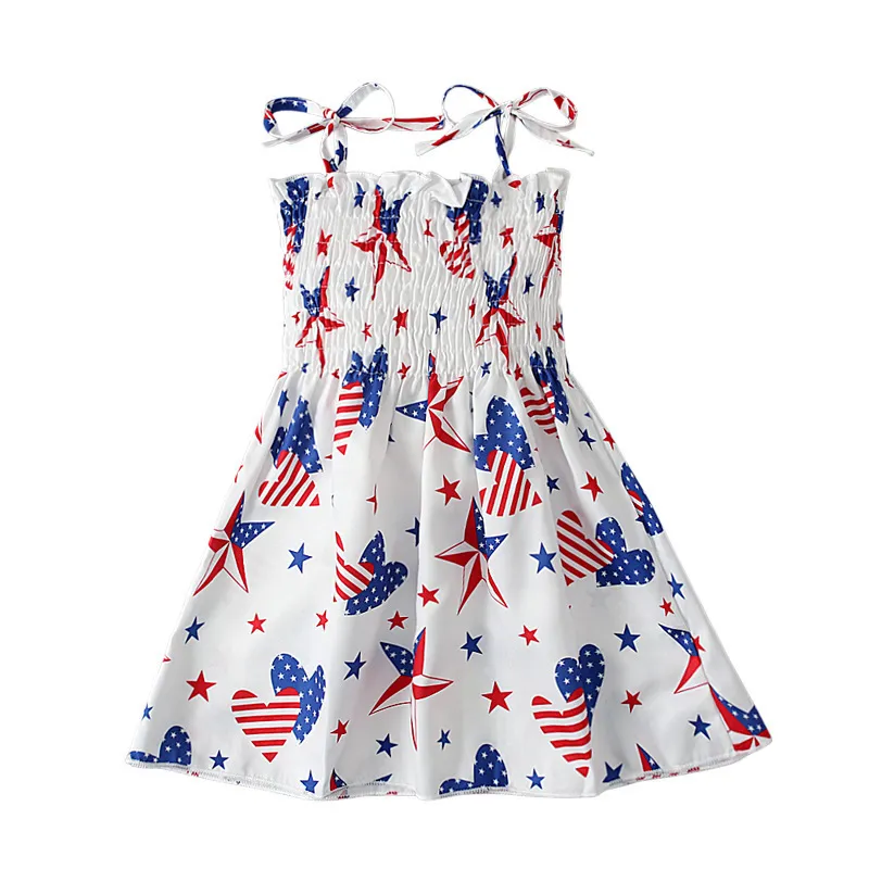 Children Kids Baby Fashion Girls Casual Basics Sleeveless Stripe Independence Day Stars Print Sling Dress