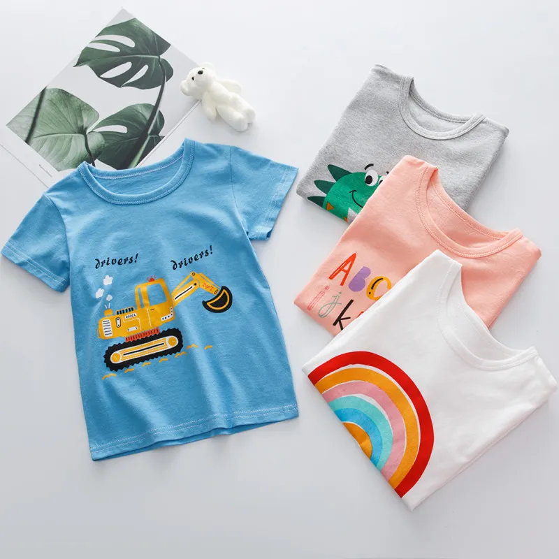 Children Kids Baby Fashion Boys Girls Casual Basics Cartoon Print T-Shirt Cotton Round Neck Short Sleeve