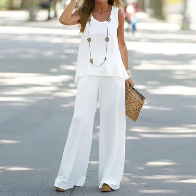 Summer Casual Women Floral Printed Sleeveless Blouse High Waist Pants Two-Piece Set