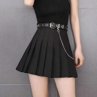 Women's High Waist Pleated Chain Skirt - Solid Color Street Hip Hop Style