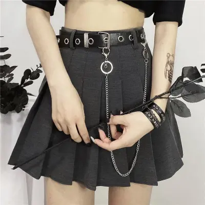 Women's High Waist Pleated Chain Skirt - Solid Color Street Hip Hop Style