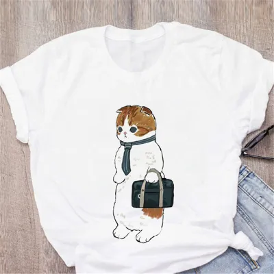 Women Cute Cartoon Cat Casual White T-Shirt