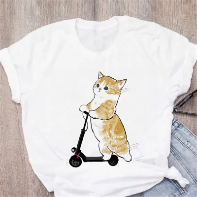 Women Cute Cartoon Cat Casual White T-Shirt