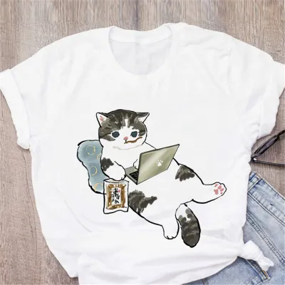 Women Cute Cartoon Cat Casual White T-Shirt